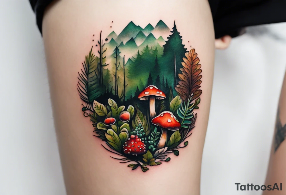 minimalistic forest floor inspired tattoo, which includes grass, moss, curly ferns and dead leaves as the bulk of the tattoo. details to include: forest berries, couple of very small brown mushrooms, a tiny bumblebee flying nearby tattoo idea