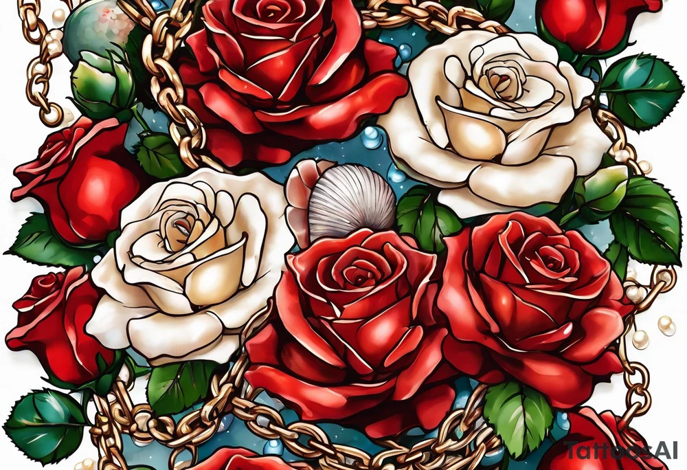 Red roses with a chain of pearls and seashells tattoo idea
