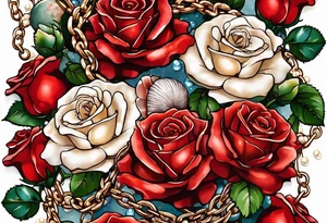 Red roses with a chain of pearls and seashells tattoo idea