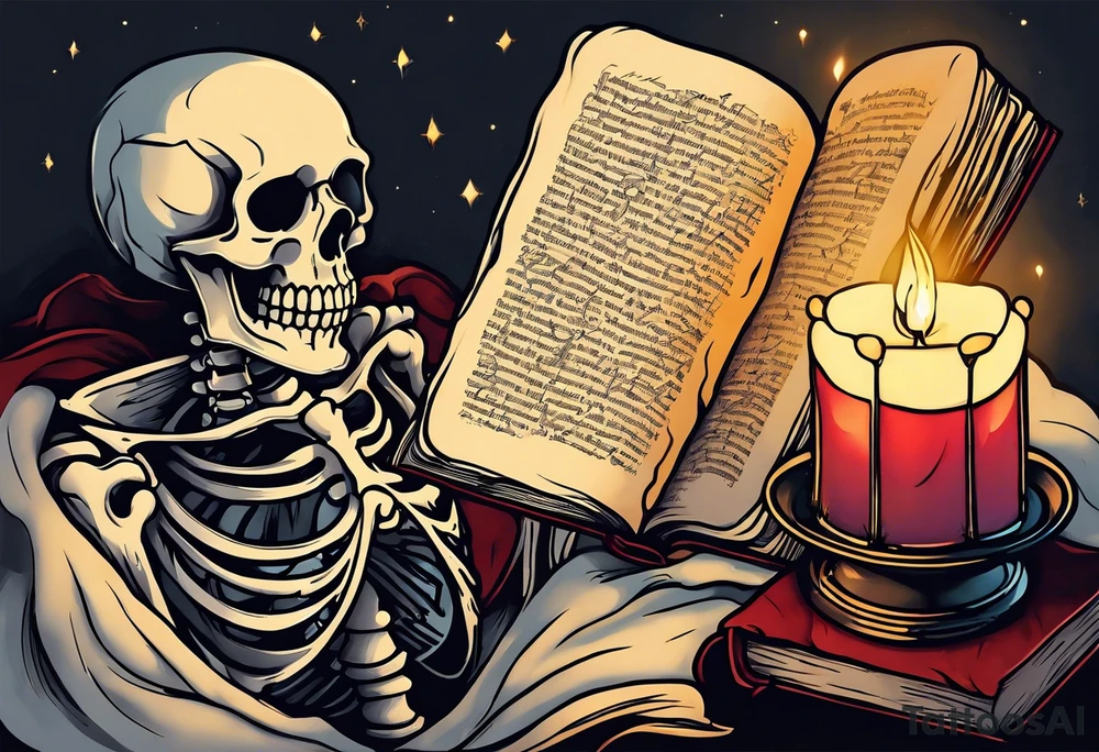 skeleton reading a holy bible by candle light tattoo idea