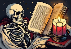 skeleton reading a holy bible by candle light tattoo idea