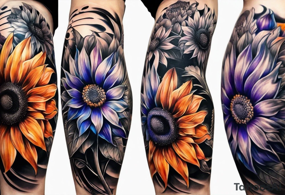 Full leg sleeve with purple, orange and blue sunflowers tattoo idea