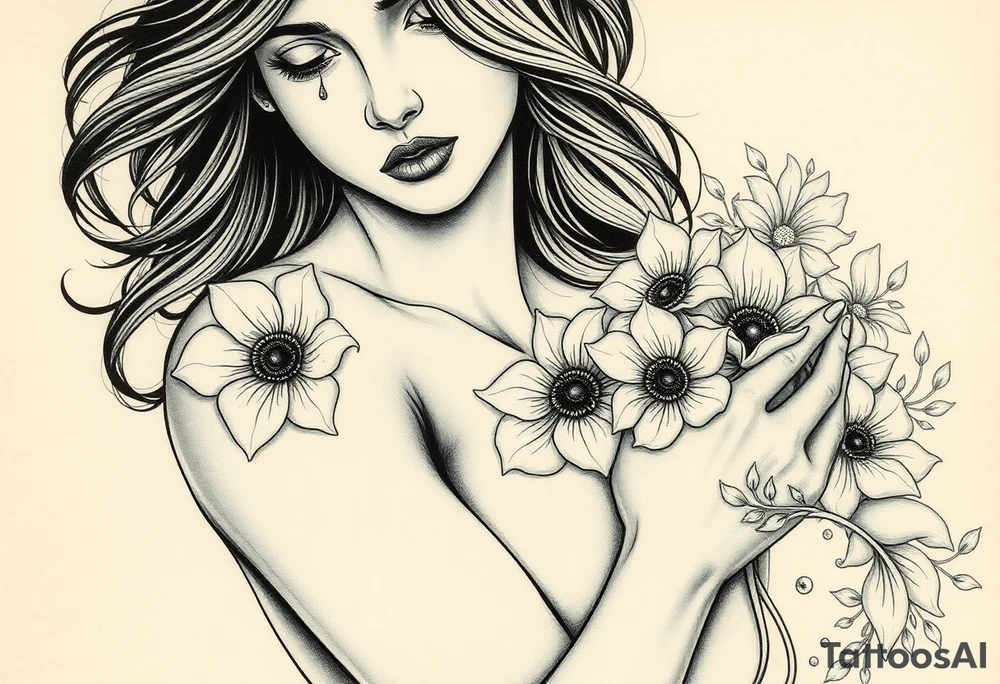 highly detailed black and grey tattoo-style illustration, same woman holding flowers with eyes in the petals, same pose, same proportions, delicate fine-line shading, stippling, flowing hair, single tear, graphite and ink on textured paper, ornate but subtle floral border, light background shading, art print aesthetic, no changes to face, hands, or flower positions --ar 2:3 --style raw --iw 2 tattoo idea