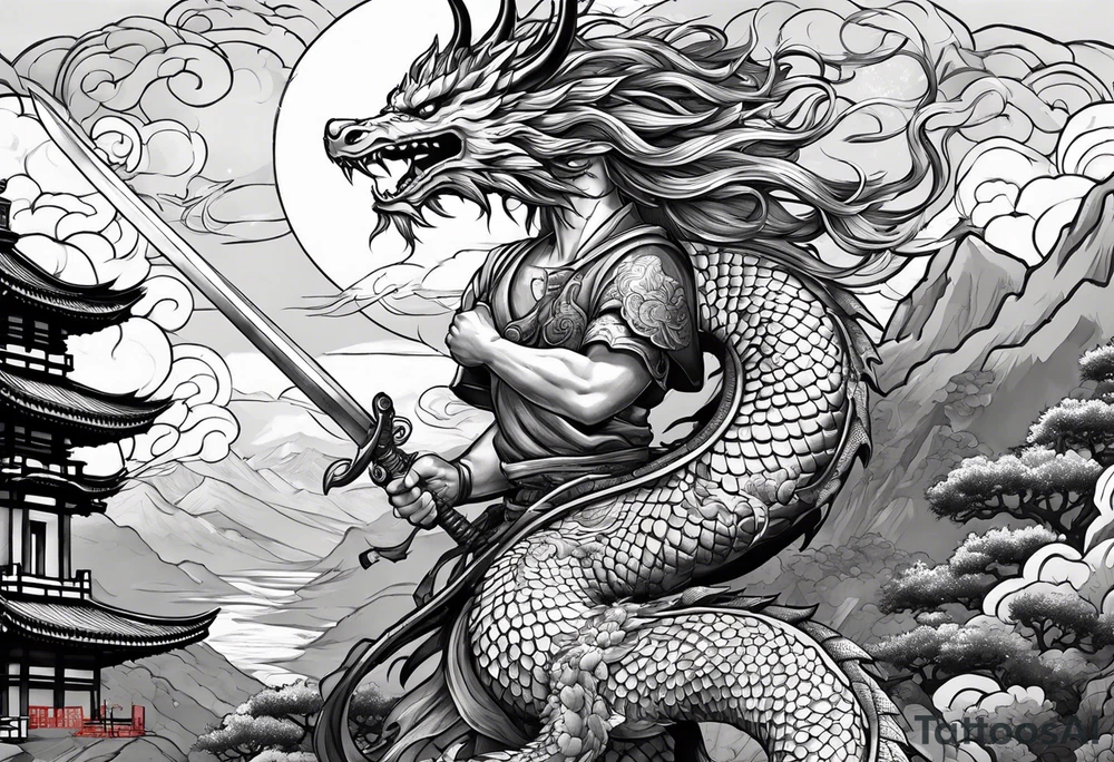 warrior beautiful fairy nymph with a full body with a sword and a full dragon with a mountain with clouds and a Japanese building background tattoo idea