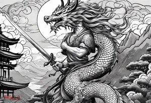 warrior beautiful fairy nymph with a full body with a sword and a full dragon with a mountain with clouds and a Japanese building background tattoo idea