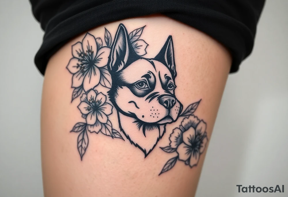 Floral design with peonies with an silhouette outline of a dogs face tattoo idea