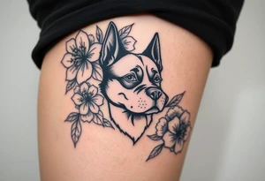 Floral design with peonies with an silhouette outline of a dogs face tattoo idea