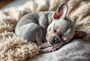 Sleeping French Bulldog puppy curled up in a ball, with light gray fur and subtle cream highlights, set on a cozy pillow. tattoo idea