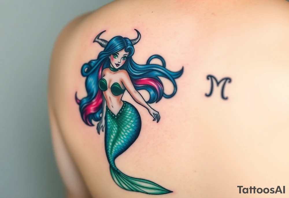 Create a tattoo design of a mermaid in a pin-up style. She should have a blue and green tail,  colorful hair, green eyes. I’d like her in a scene with the zodiac signs of Piscis and Taurus represented. She should look happy and blissful. Colors should be vibrant with soft lines tattoo idea