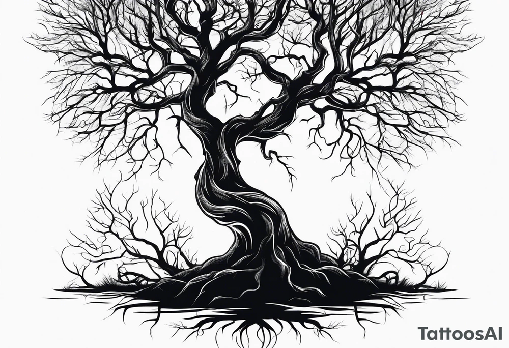 Dead tree with roots silhouette tattoo idea