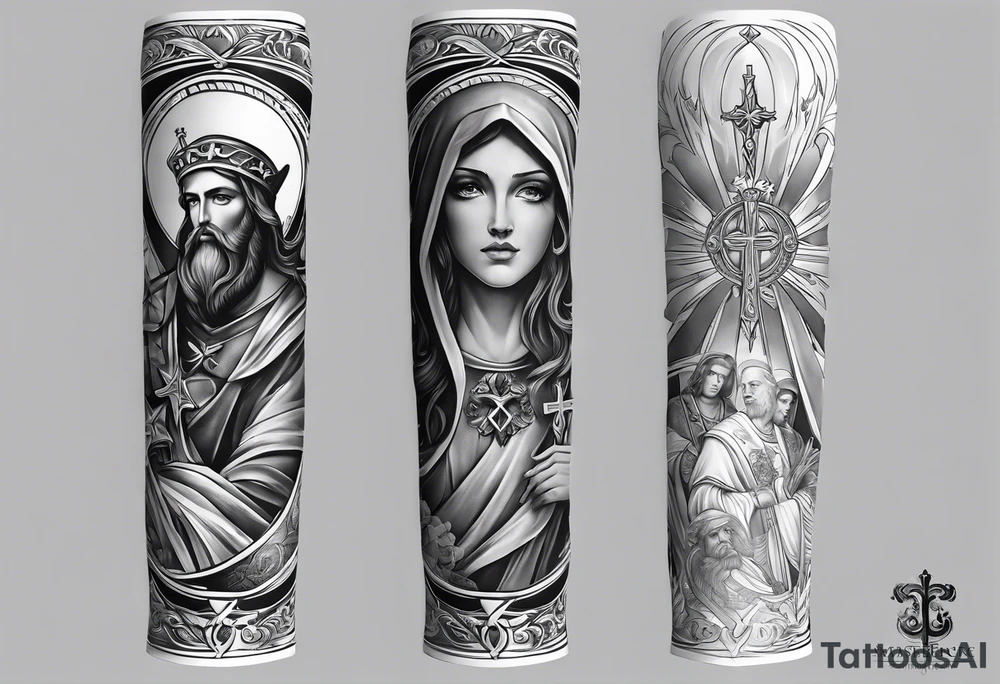 Forearm sleeve that is christian detailed and has saints tattoo idea Forearm sleeve that is christian detailed and has saints tattoo idea