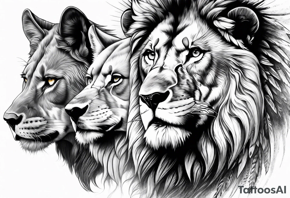 Face of a 1 Lion, an eagle, and 1 wolf tattoo idea