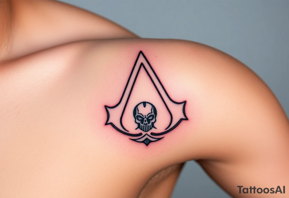 Assassins Creed emblem with main character,. Weapons with blood splashes on background. tattoo idea