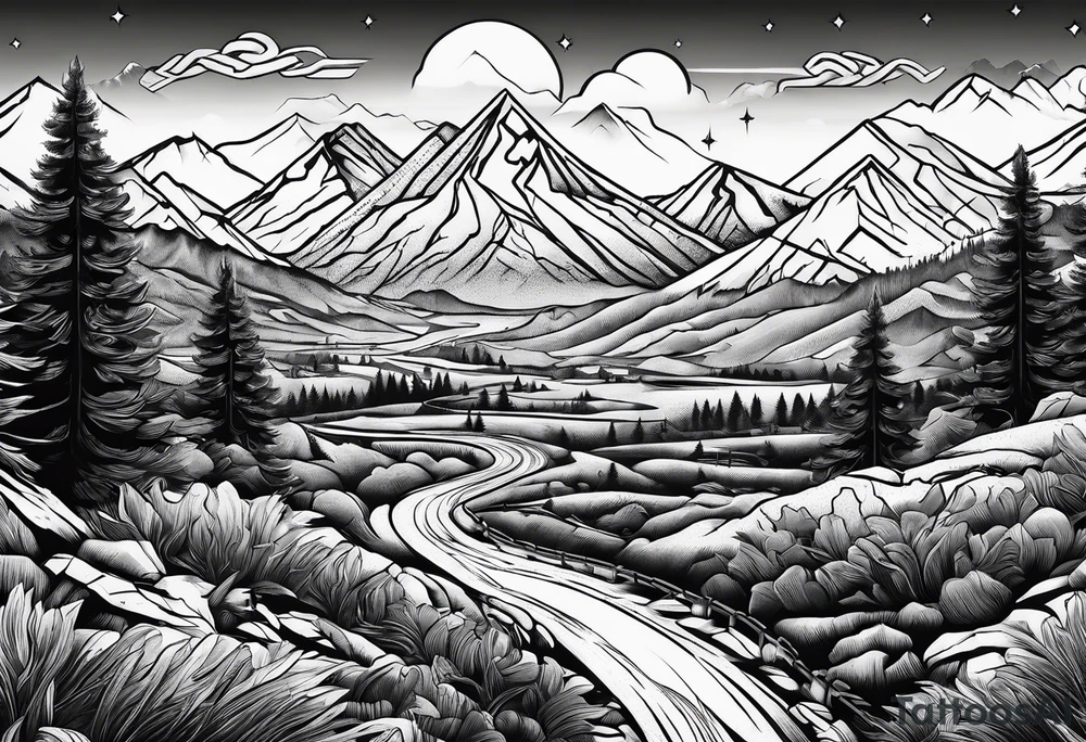 Mountain scene with route 66 sign tattoo idea