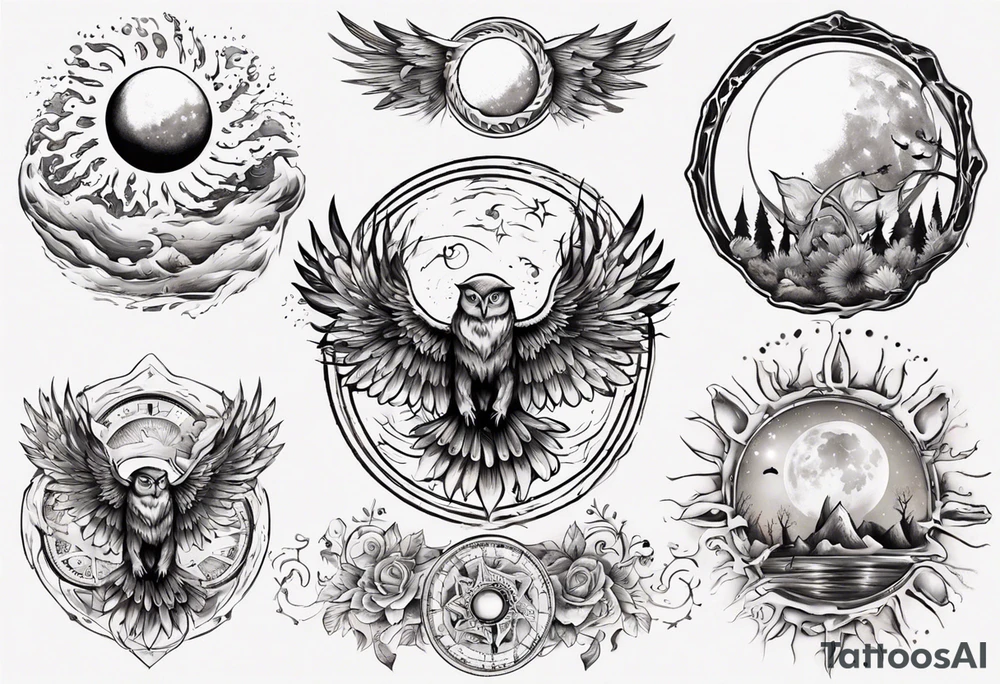 Mond und Sonne mit Eule und Wassermann tattoo idea