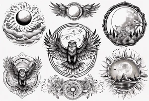 Mond und Sonne mit Eule und Wassermann tattoo idea
