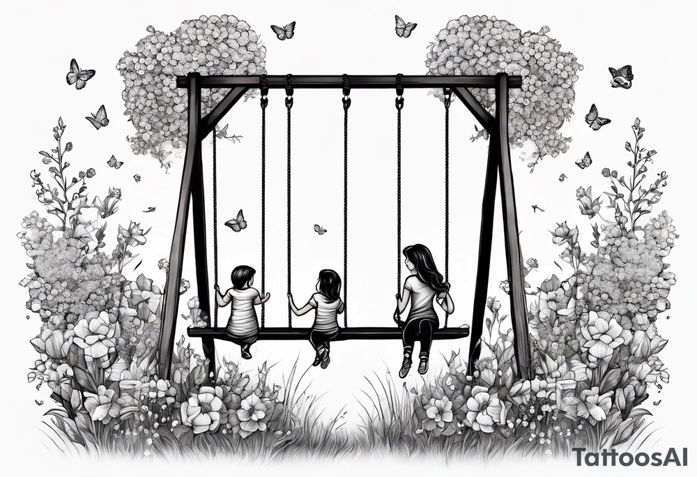 Mom with son and daughter on a swing in the distance in a field of flowers tattoo idea
