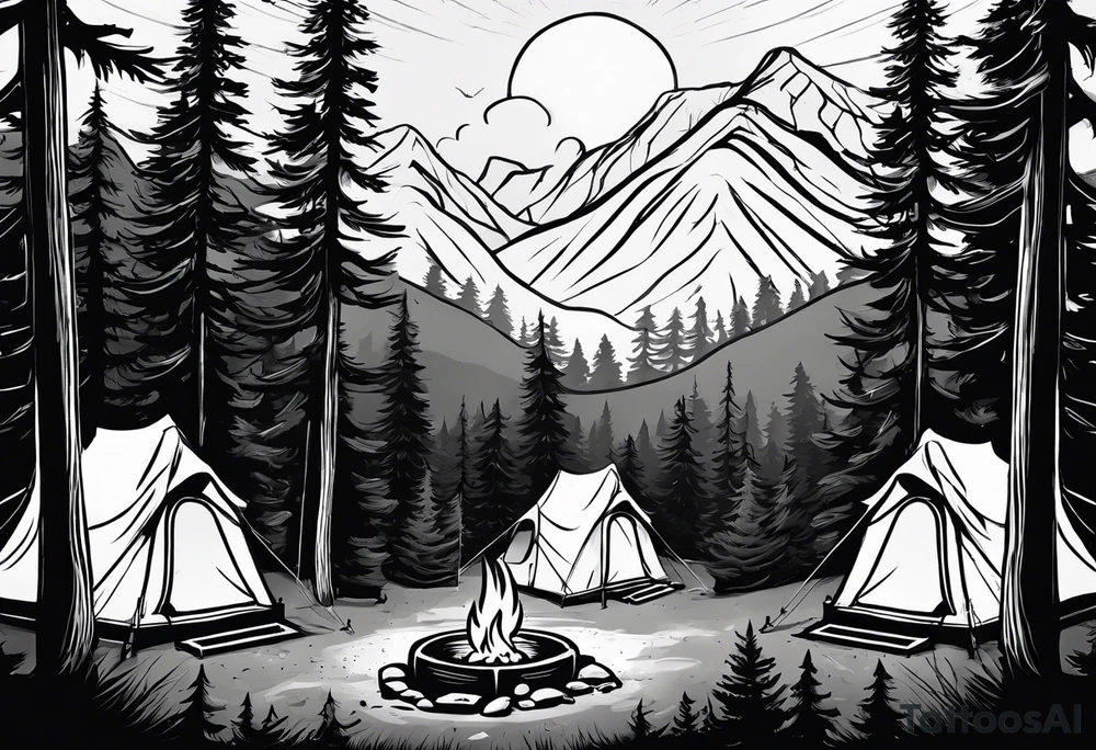 Campground with onr small tent and small fire pit with smoke billowing out of it. Forest of trees surrounding it with three large pine trees being the focus in the background. tattoo idea
