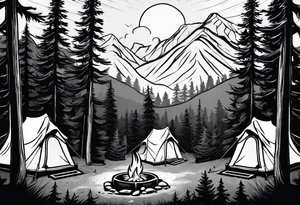 Campground with onr small tent and small fire pit with smoke billowing out of it. Forest of trees surrounding it with three large pine trees being the focus in the background. tattoo idea