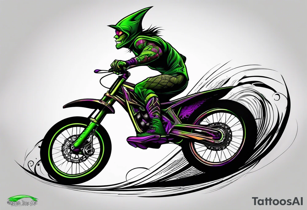 Green goblin riding a full suspension carbon fiber downhill mountain bike tattoo idea