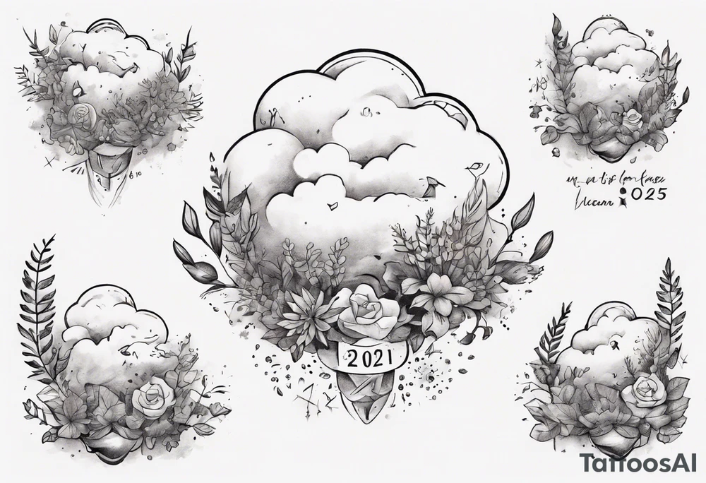 a forearm tattoo with a cloud with little plants and underneath it the date 12.08.05 tattoo idea