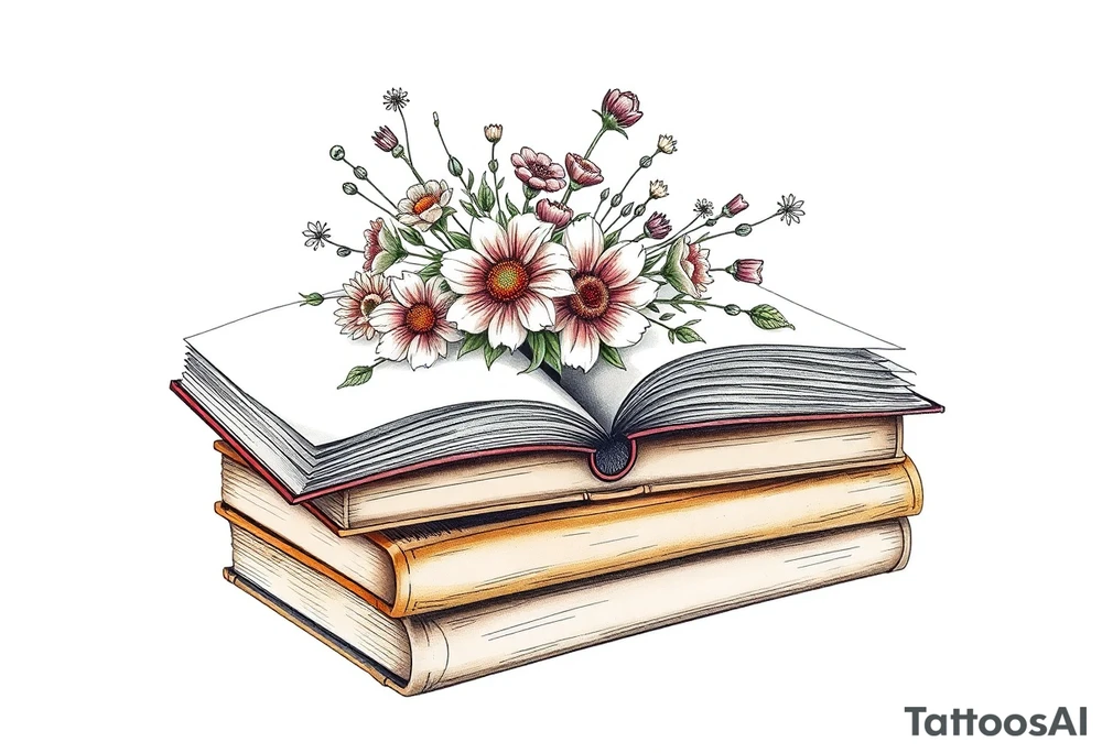 stack of 3 vintage books top book open with bouquet of different kinds of wild 
flowers coming out of it tattoo idea