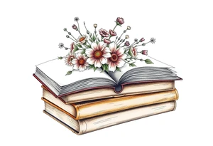 stack of 3 vintage books top book open with bouquet of different kinds of wild 
flowers coming out of it tattoo idea