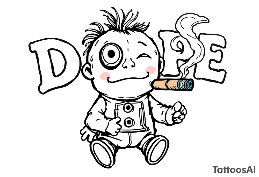 Stitched up rag doll with a button as one eye and some thread as the other. Holding some money in one hand and a cigar in the other hand. Smoke pouring off the cigar with the cloud of smoke above spelling out the word DOPE tattoo idea