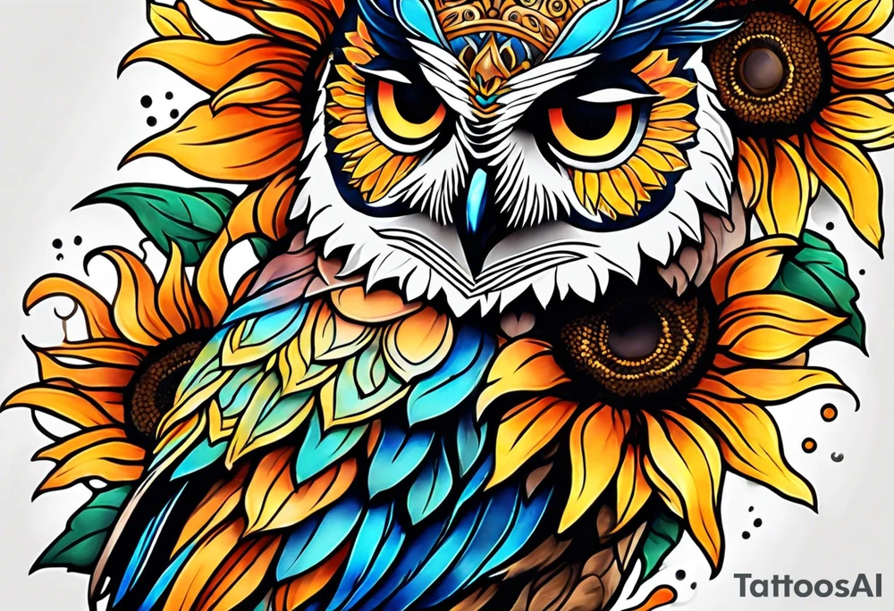 Leg sleeve with colorful sunflowers and an owl tattoo idea