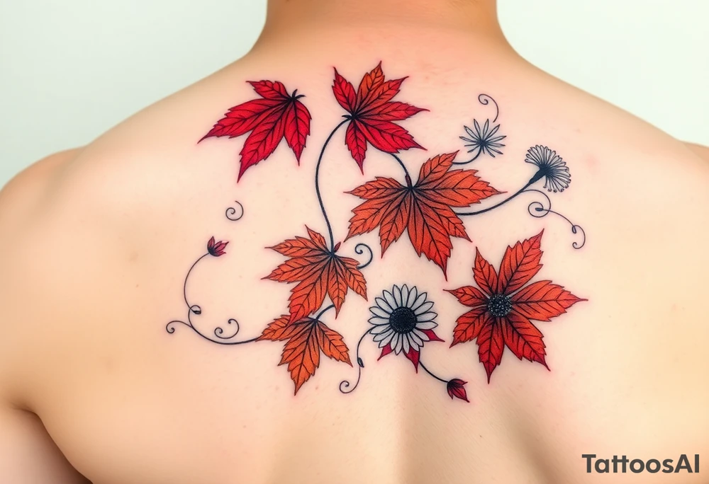 Create a vine with Maple leaves in red, orange and brown and gerbera daisies connected with thin swirly lines. Add in a dandelion wish and a dragonfly tattoo idea