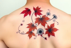 Create a vine with Maple leaves in red, orange and brown and gerbera daisies connected with thin swirly lines. Add in a dandelion wish and a dragonfly tattoo idea