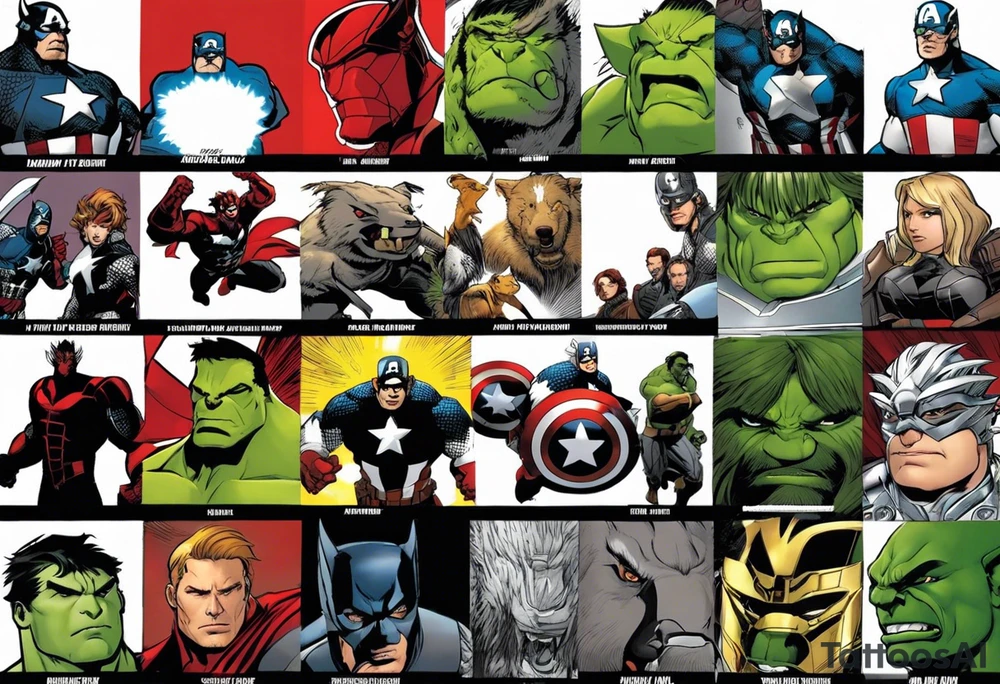I want to change Avengers Team characters with animals. Hulk will be represented by a Badger.
Thor will be depicted as an Alpha Grey Wolf.
Captain America will be symbolized by a Bull.
Iron Man's character will be embodied by a Canary.
Black Widow's role will be portrayed by an Axolotl.
Hawkeye will be depicted as a Sudan Plated Lizard.
Nick Fury will be represented by a Cat. tattoo idea