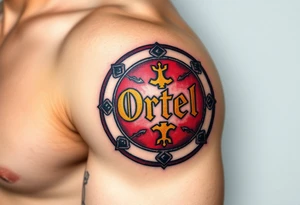 A round medieval shield, engraved with Ortel in battle-worn lettering, in black, gold, and deep crimson tattoo idea