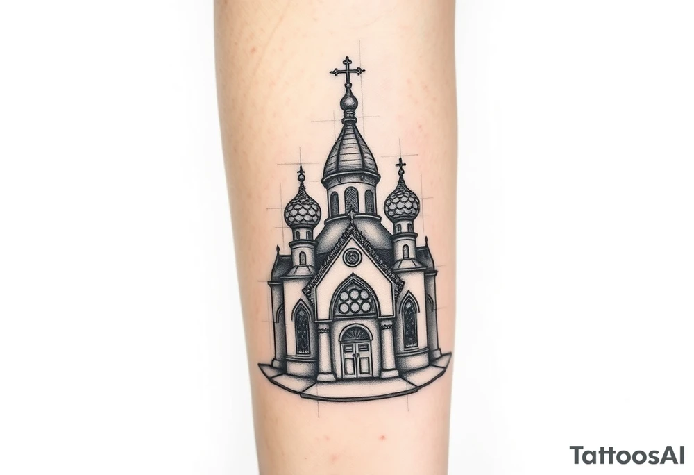 in a dorsal view a detailed medium sized country style russian orthodox church with onion domes and a band at the front with mist shrouding the top and fading into a virgin mary overlooking above at the top tattoo idea