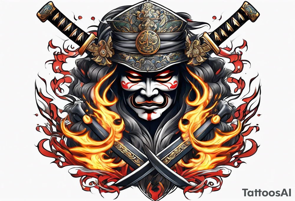 Dos katanas en fuego peleando tattoo idea