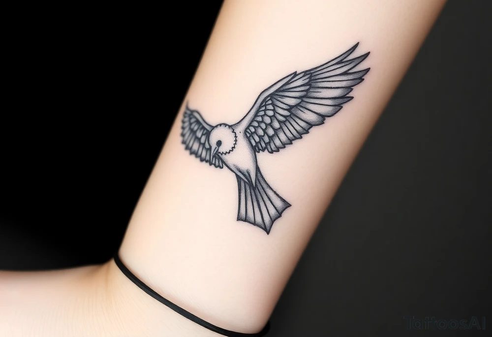 A detailed raven in mid-flight, wings spread wide with intricate feather patterns, symbolizing Tris’s journe and name TRIS tattoo idea