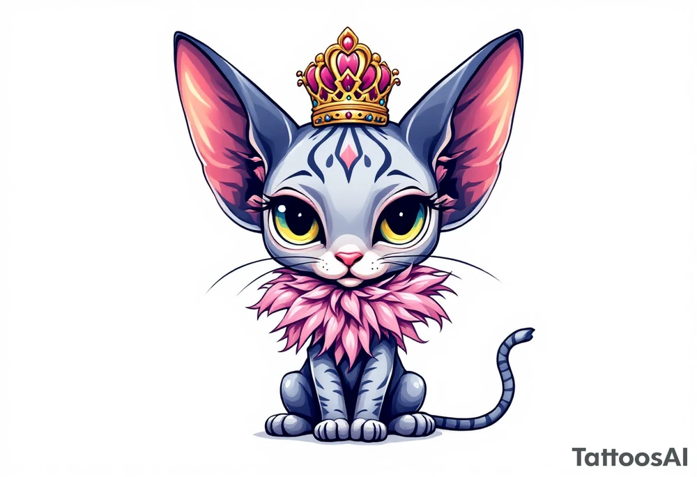Chibi new school Glamorous sphinx cat with a pink feather boa and wearing a crown tattoo idea