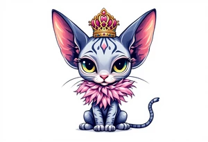 Chibi new school Glamorous sphinx cat with a pink feather boa and wearing a crown tattoo idea