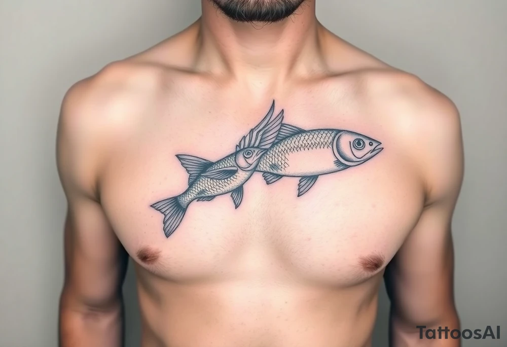 minimal fine line bird and fish tattoo, for chest, man. not many details. a lot of black color tattoo idea