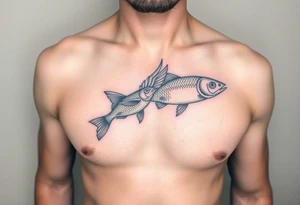 minimal fine line bird and fish tattoo, for chest, man. not many details. a lot of black color tattoo idea