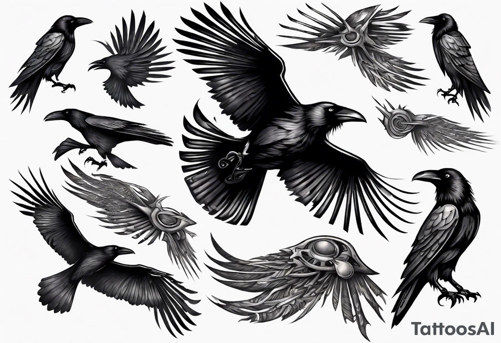 raven flying toward foreground tattoo idea