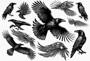 raven flying toward foreground tattoo idea