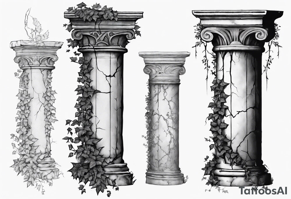 Half of a roman pillar with the word "OMNIA" inscribed on the top. It has cracks in the middle and overgrown ivy at the bottom. It is turned 20 degrees to the right. tattoo idea