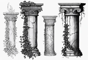 Half of a roman pillar with the word "OMNIA" inscribed on the top. It has cracks in the middle and overgrown ivy at the bottom. It is turned 20 degrees to the right. tattoo idea