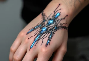 A futuristic biomechanical hand design with sapphire-blue lines tracing each finger like circuits. tattoo idea