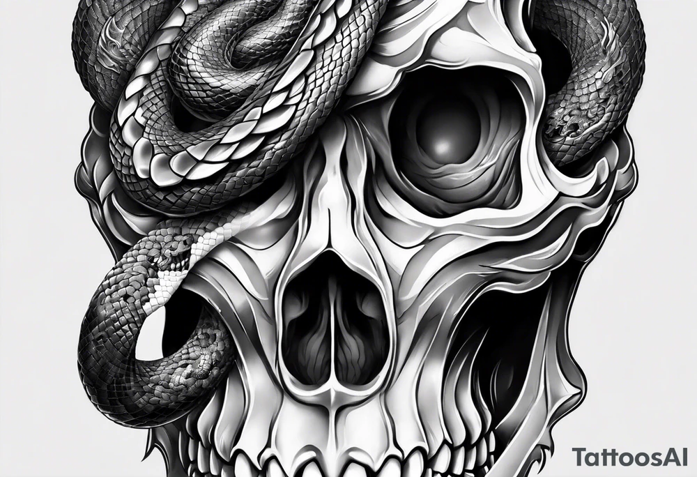 Snake intertwined into a realistic skull coming through the eye ready to strike tattoo idea