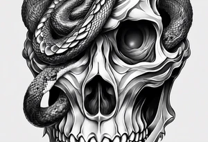 Snake intertwined into a realistic skull coming through the eye ready to strike tattoo idea