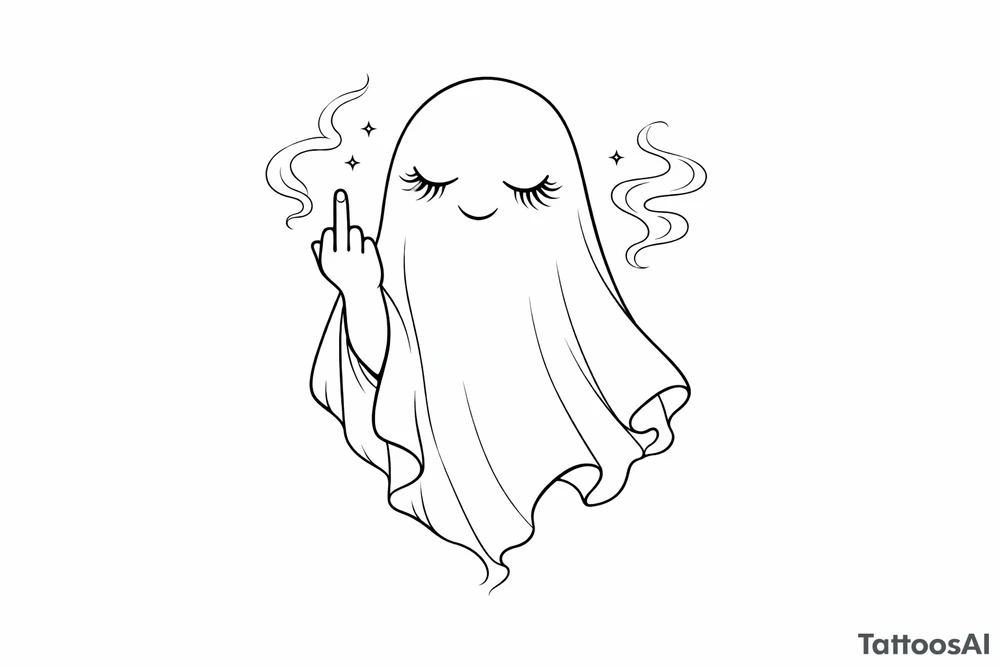 Ghost with long eyelashes giving middle finger fine line tattoo idea