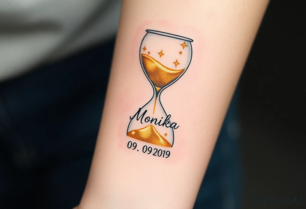 A golden hourglass where sand transforms into tiny stars, flowing down to mark the birth time with name "Monika" and date "09. 09. 2019", in shimmering gold and deep space black tattoo idea