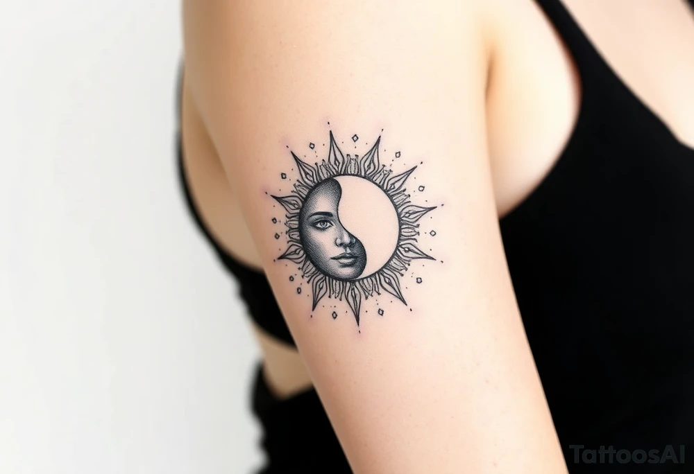 celestial sun and moon embrace with constellation patterns tattoo idea